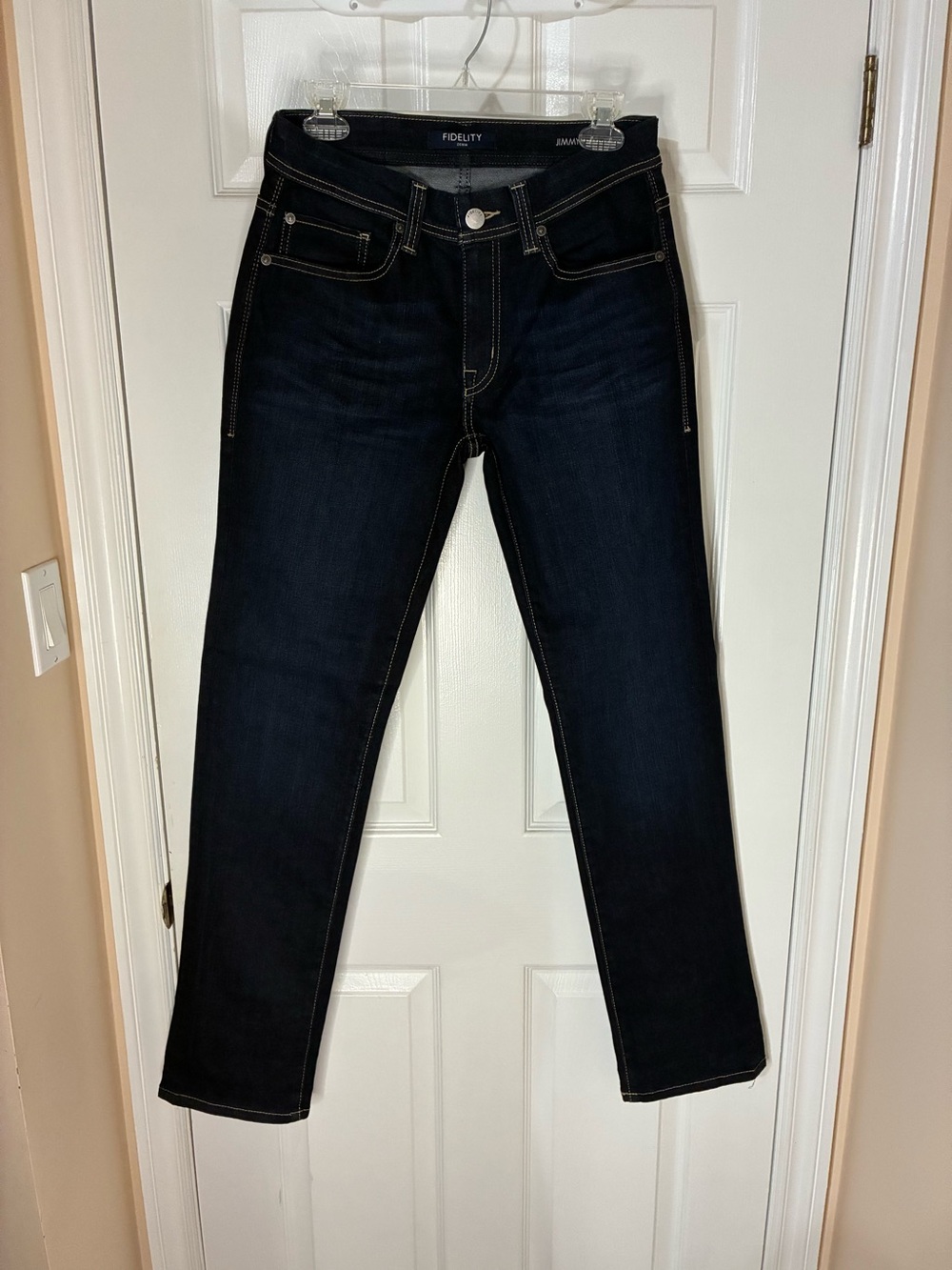 Fidelity “Jimmy” Dark Indigo Slim Straight Jeans with Tan Stitching